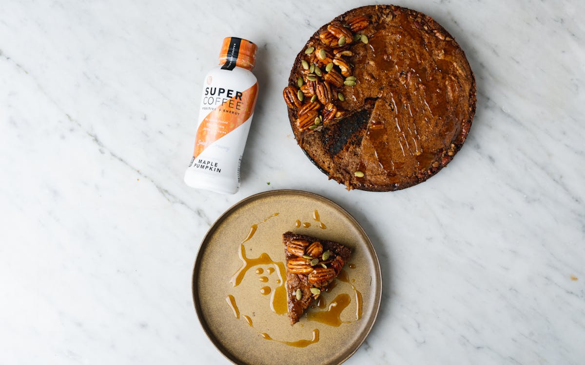 Slice of Maple Pumpkin Coffee Cake with the Maple Pumpkin Super Coffee