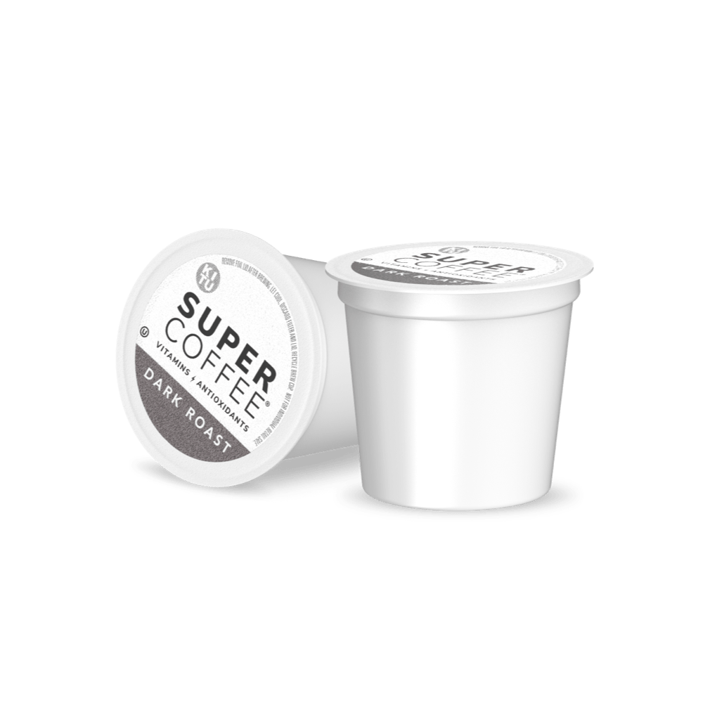 This image is the front of Dark Roast Super Pods. This product contains vitamins and antioxidants.